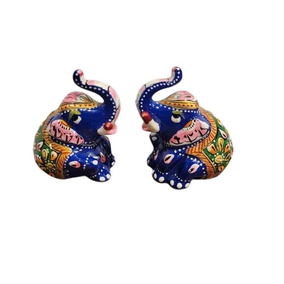 Lucky Elephant Mini Figurines Meenakari Indian Hand-Painted Art Royal Blue - Picture 2 of 9